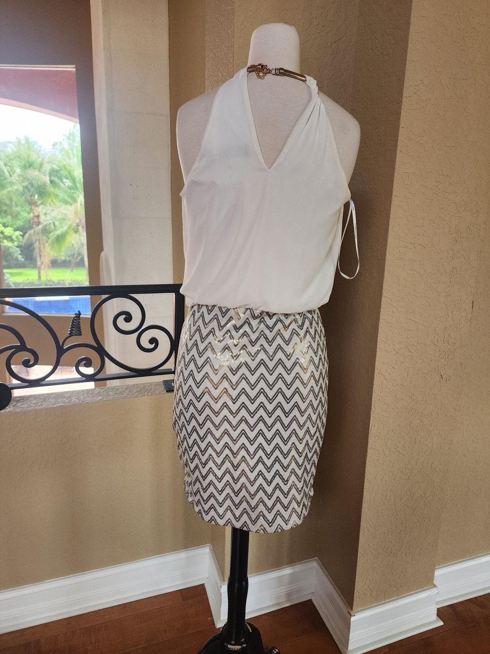Guess White Halter Top with Chevron Sequin Pencil Skirt